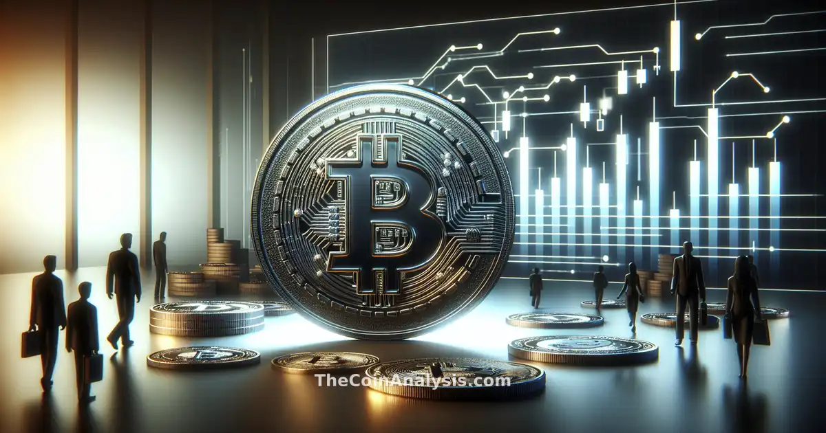 Glossy 3D Coinbase logo with scattered crypto coins, silhouettes of workers walking away, AI circuits, and candlestick charts.