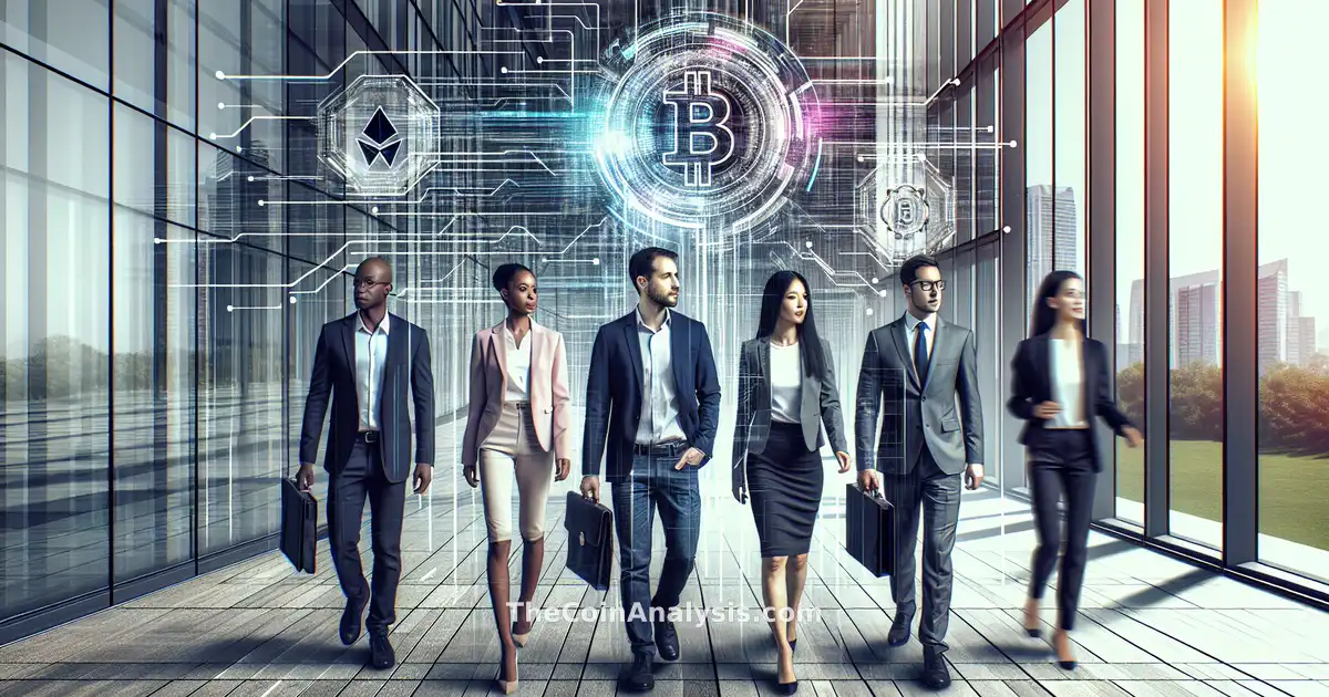 Diverse employees exiting modern office with Crypto.com logo and AI digital graphics overlayed representing change.