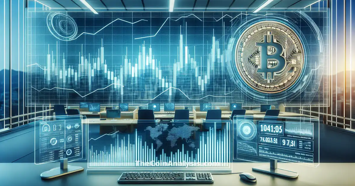 Dynamic news studio backdrop with a stylized Bitcoin coin and upward-trending digital financial tickers