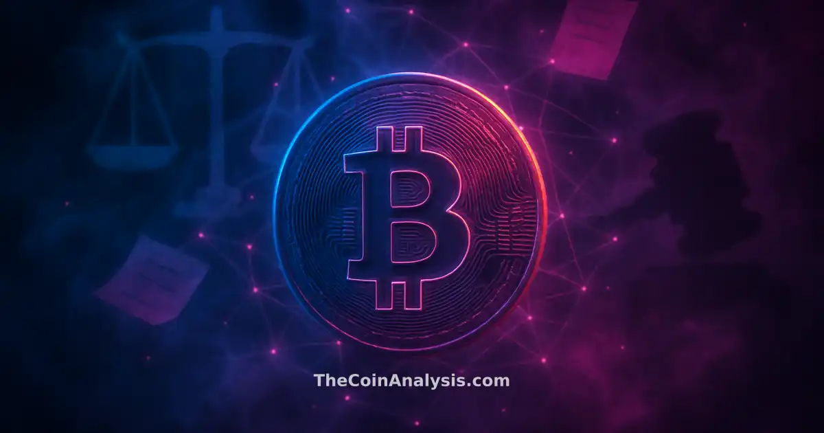 Stylized glowing Bitcoin symbol with abstract scales of justice, gavel silhouette, and floating document fragments.