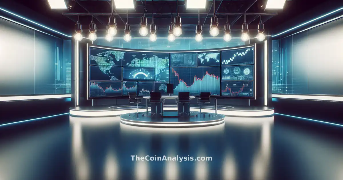 Professional news studio with digital screens showing declining cryptocurrency charts and stacked oil barrels.