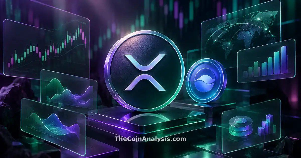 Isometric data visualization with holographic XRP and RLUSD token motifs amid floating frosted-glass panels