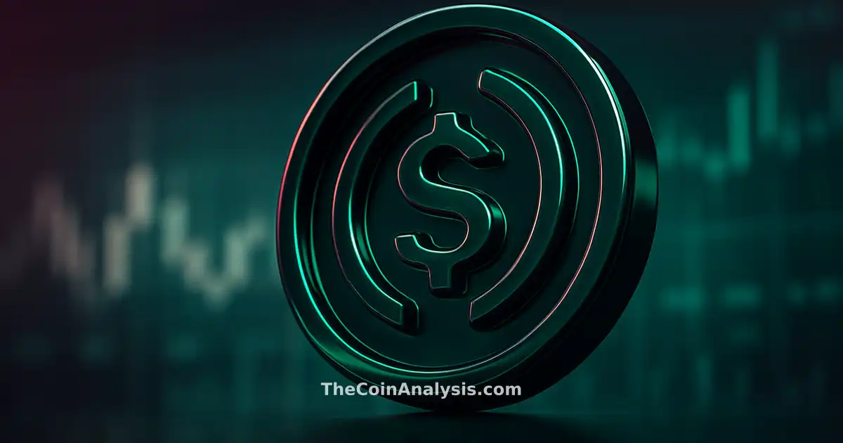 3D glossy USDC symbol illuminated by rim light on frosted glass trading floor with candlestick silhouettes and tickers