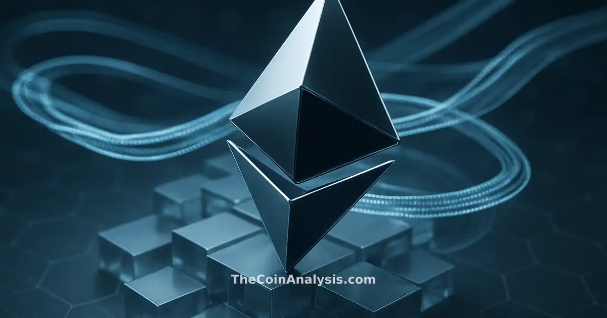3D glossy Ethereum symbol with interlocking translucent blocks and flowing data ribbons on hex grid background