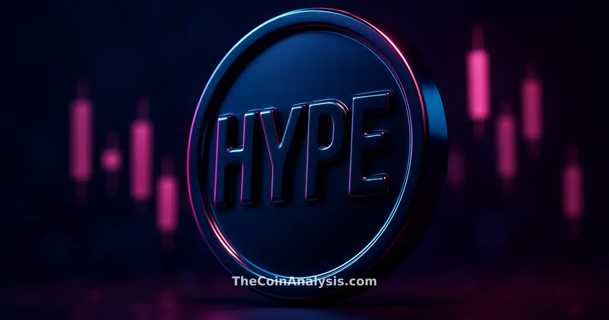 3D glossy HYPE token glyph with glowing prediction market candles against a deep midnight blue and magenta bokeh background