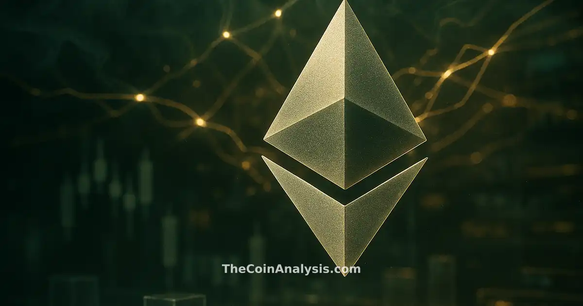 Stylized glowing Ethereum symbol amid frosted glass trading floor with candlestick silhouettes and ticker hints.