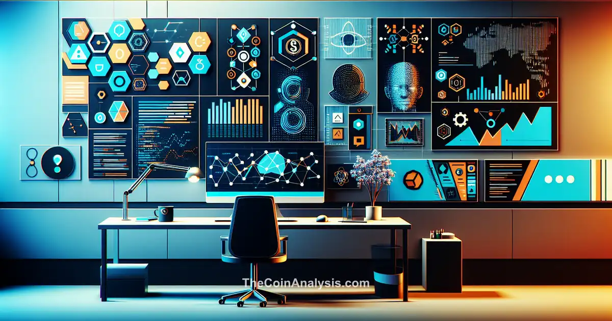 Modern workspace with crypto charts and AI elements representing open-source automated trading