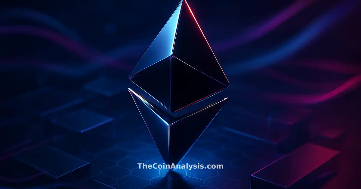 3D glossy Ethereum symbol illuminated by rim light, surrounded by translucent hexagonal blocks and flowing data ribbons