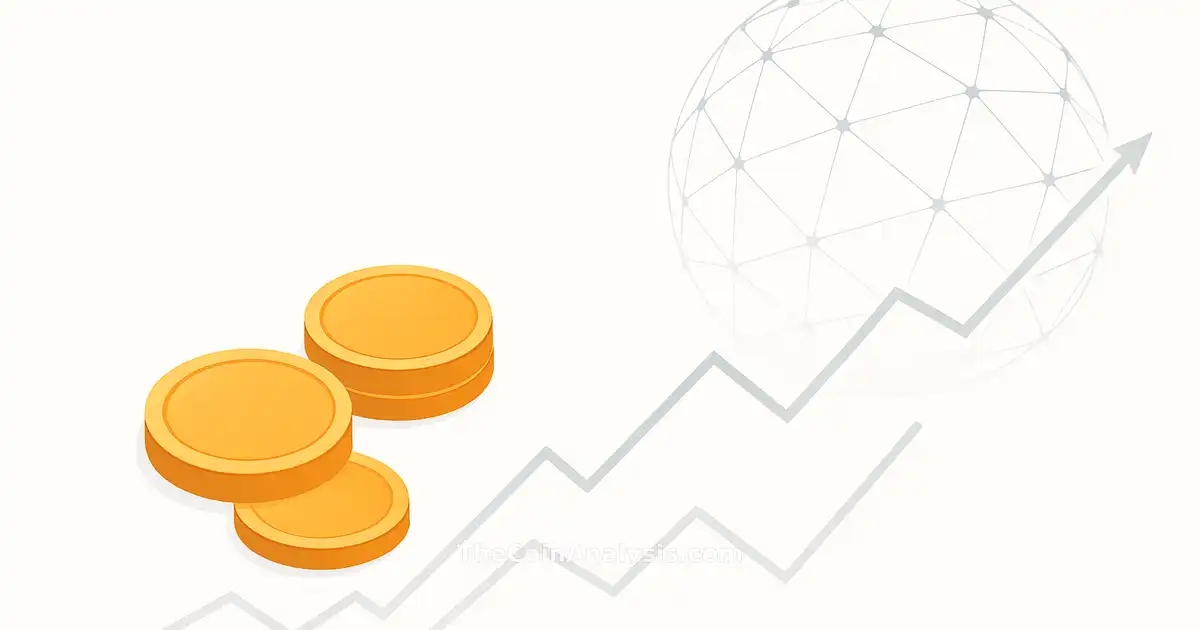 Abstract digital coins overlaid with rising chart lines and interconnected global network on white background