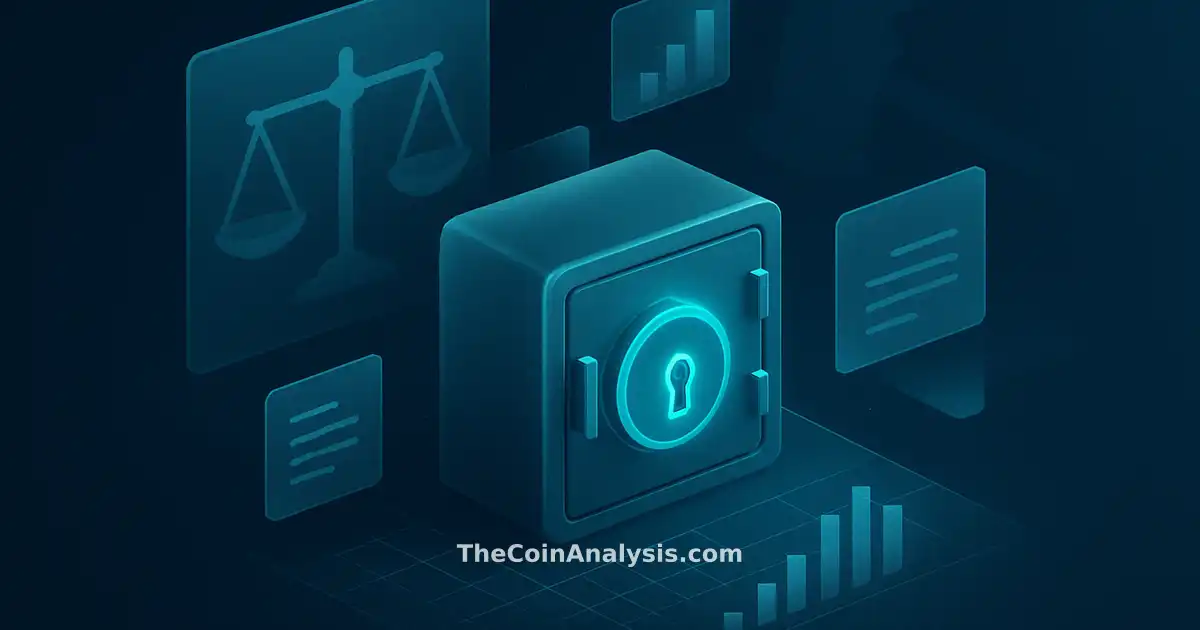 Isometric digital vault with glowing portal, surrounded by geometric scales of justice and floating document fragments