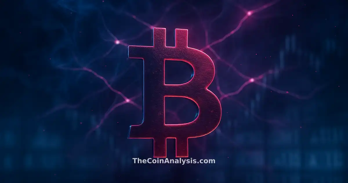 Stylized glowing Bitcoin symbol set before an abstract trading floor with frosted glass tickers and candlestick silhouettes.