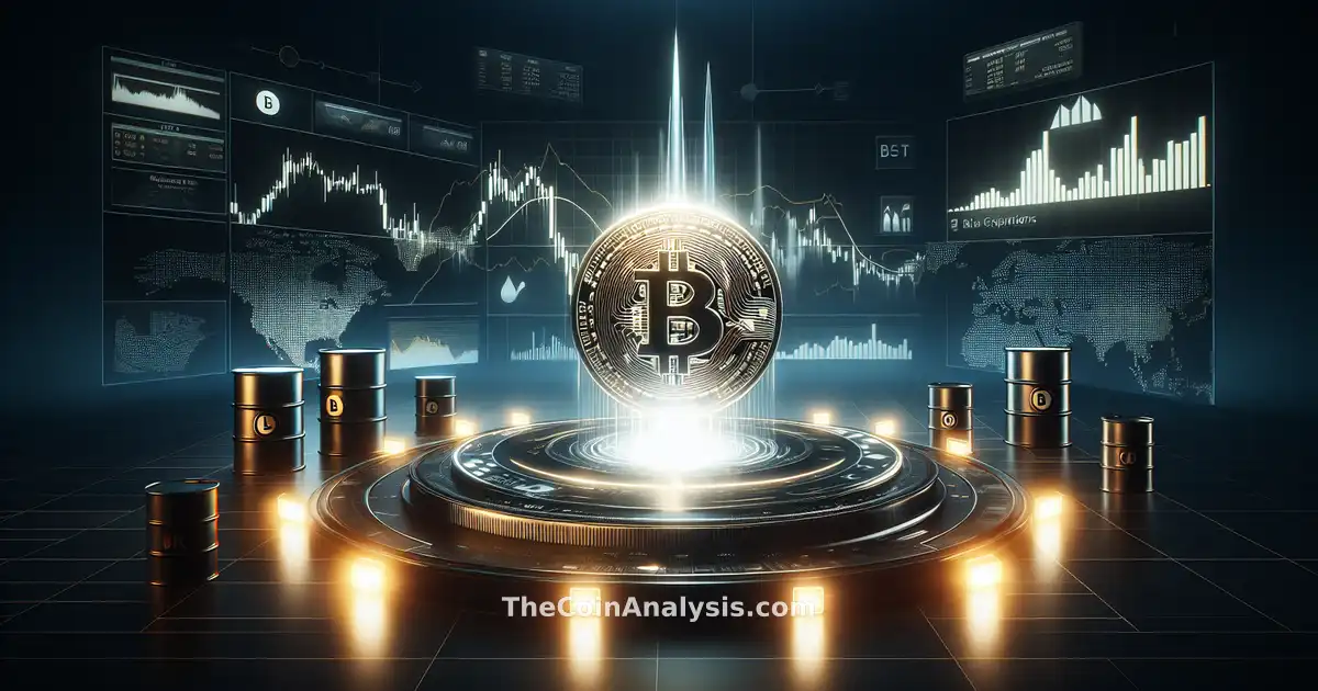 Glowing Bitcoin coin rising above fluctuating stock charts and oil barrels with dramatic lighting in news graphic