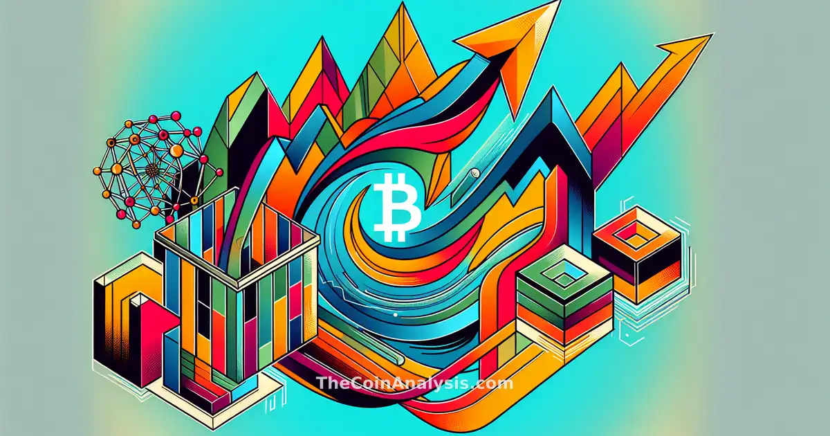 Abstract digital art with a glowing Bitcoin rising amid colorful arrows and fragmented globe shapes symbolizing flux.