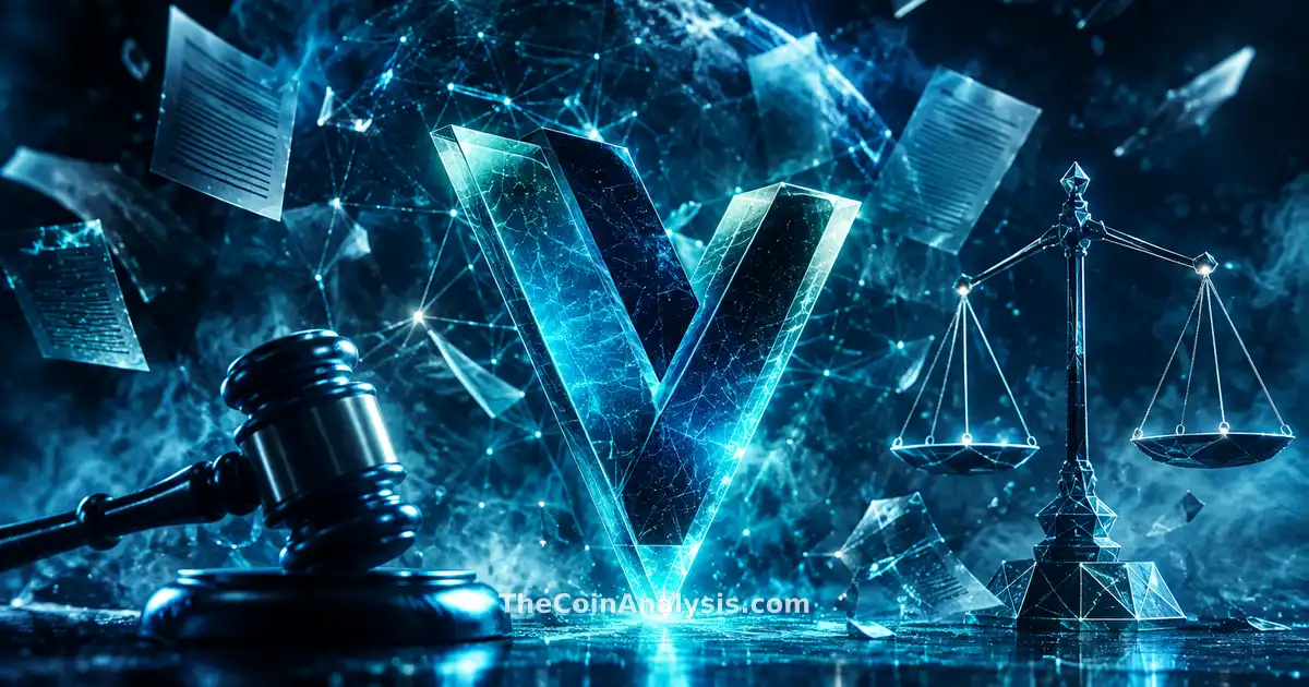 Stylized virtual symbol with glowing network filaments, abstract gavel, geometric scales, and floating digital documents.