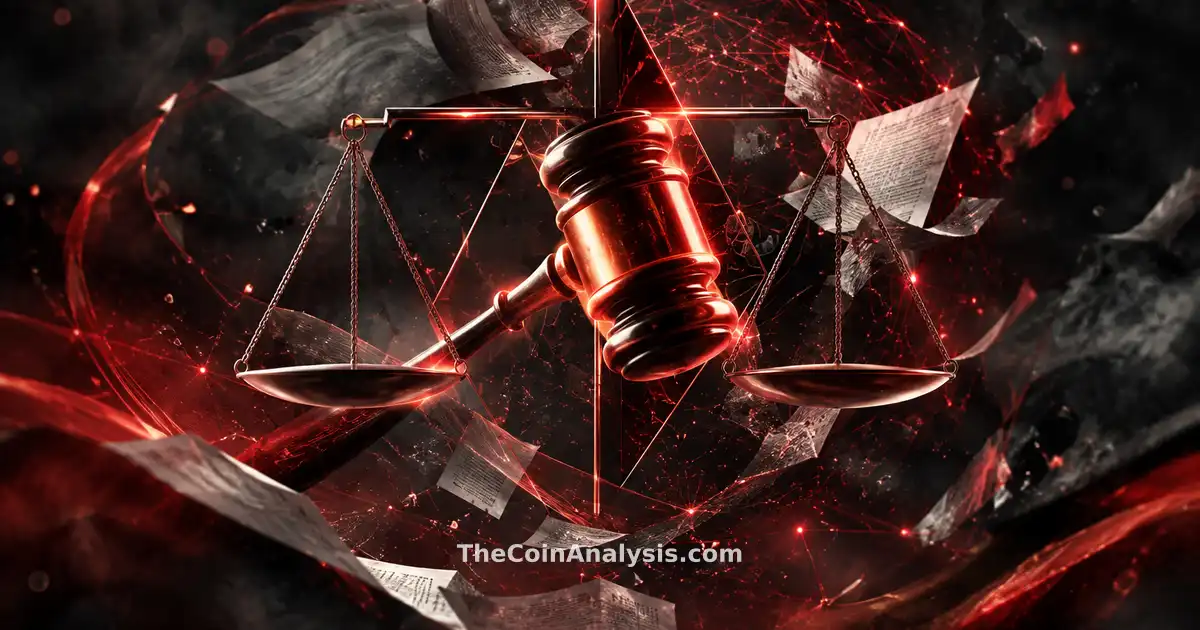 Glowing judge’s gavel crossed with geometric scales amid swirling legal papers in smoky, crimson-lit network space