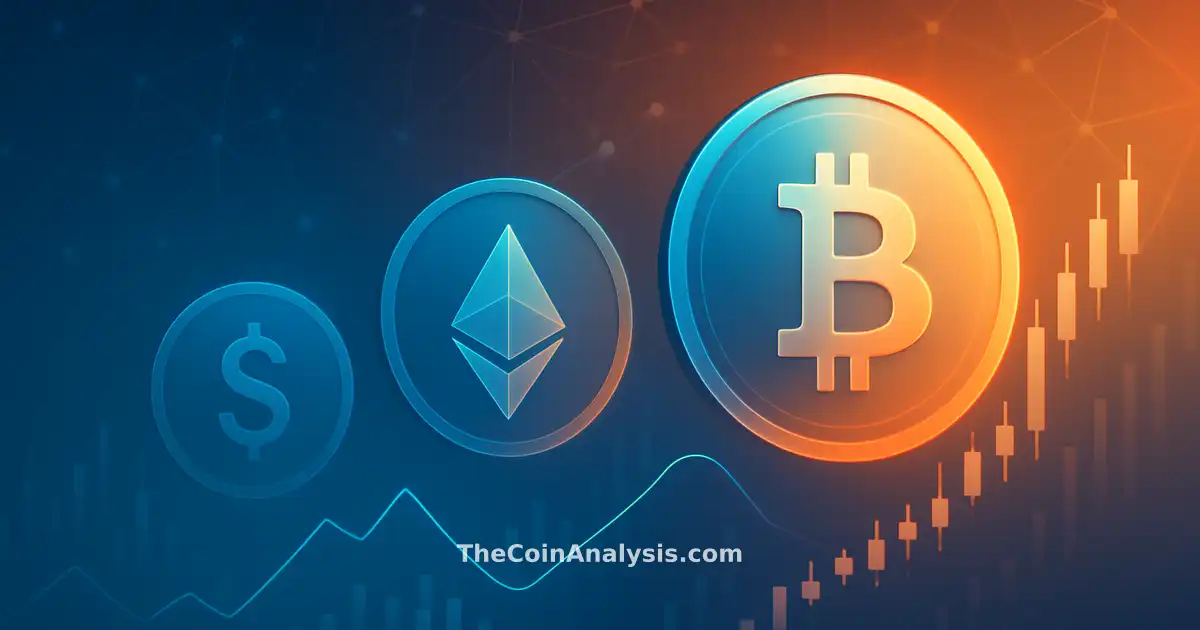 Glowing digital coins intertwined with dynamic stock charts and connected network lines on a tech gradient background