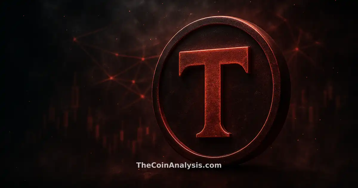 Stylized crimson TRUMP token glowing amid smoky market candles and glowing network filaments in dark tones