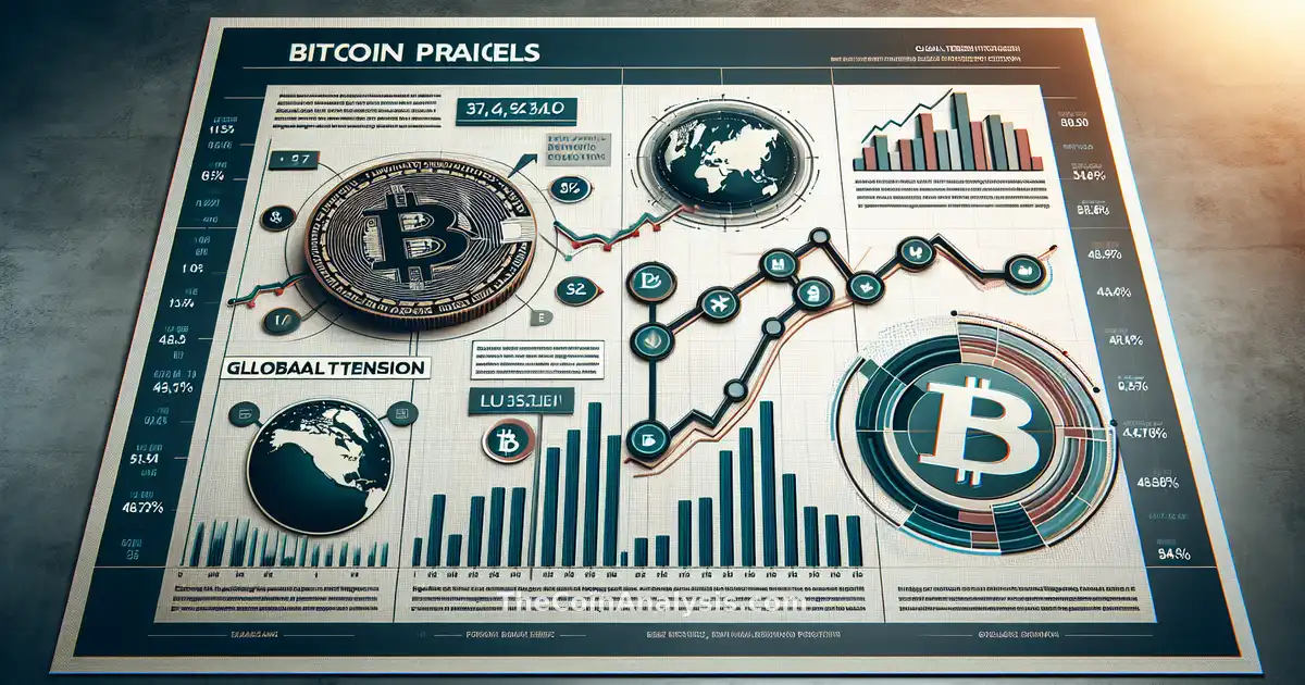 Digital infographic showing a rising Bitcoin coin above market charts with icons representing global tensions and ceasefire.