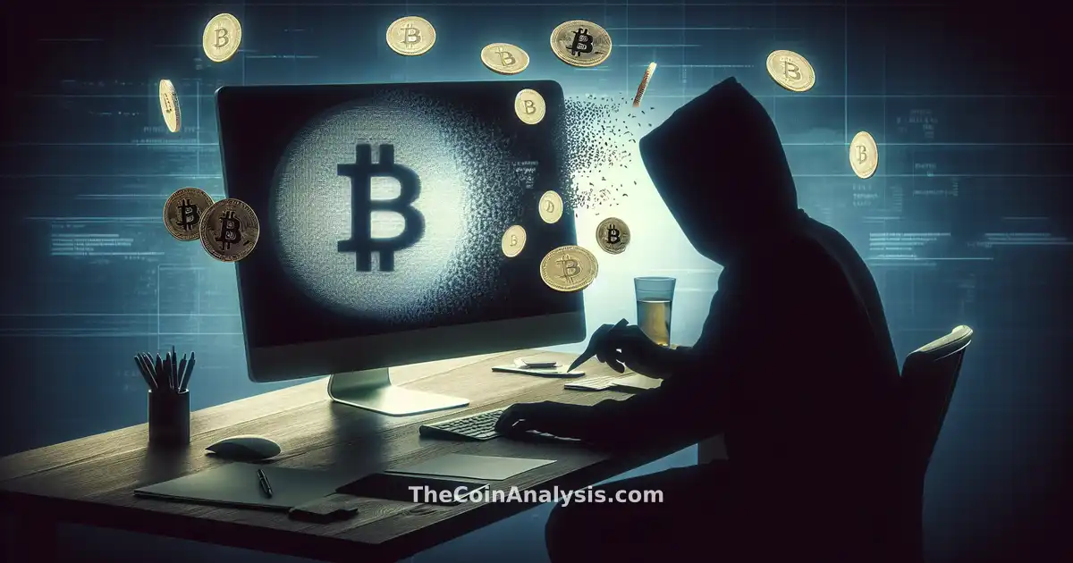 Shadowy figure at computer with Solana logo and vanishing digital coins, conveying urgency and cyber threat.