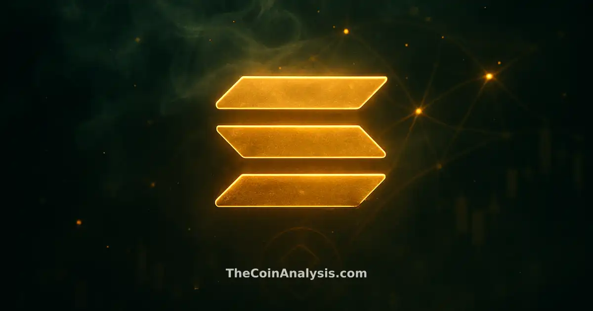Glowing gold Solana symbol surrounded by smoky green and gold network filaments and faint market candle silhouettes