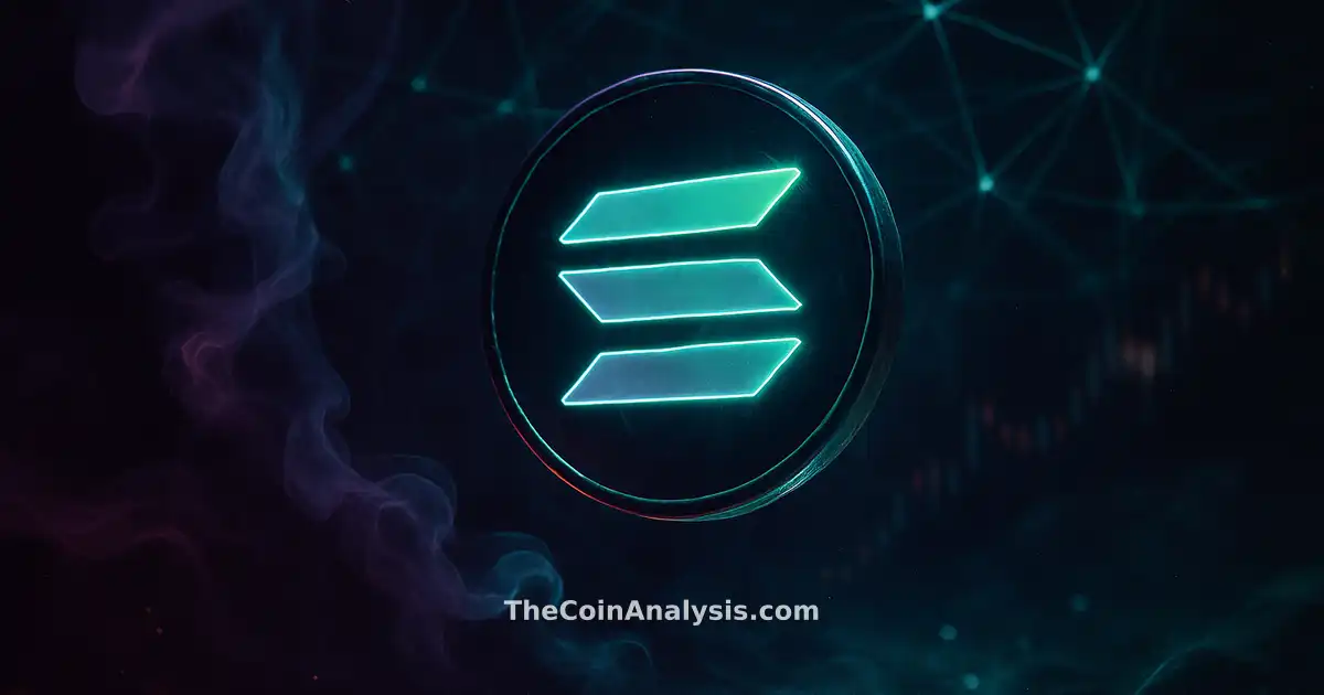 Luminous Solana token glyph amid glowing network filaments, smoke, light particles, and subtle market candles.