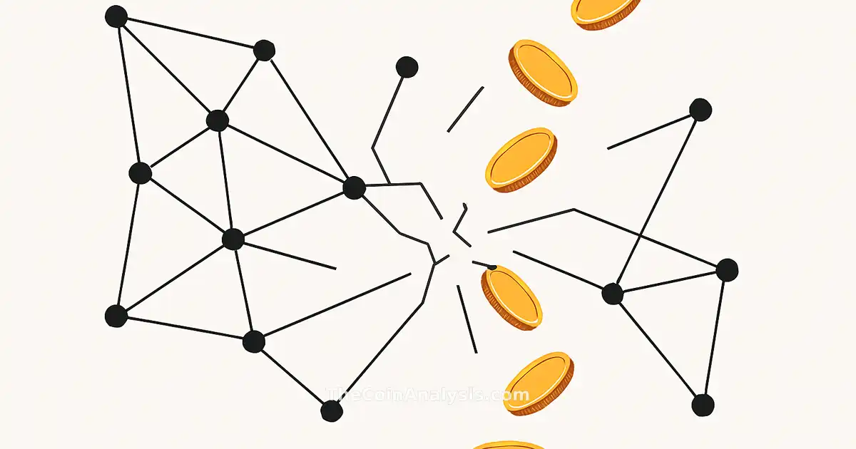 Abstract network nodes and lines disrupted with stylized coins descending on a clean white background.