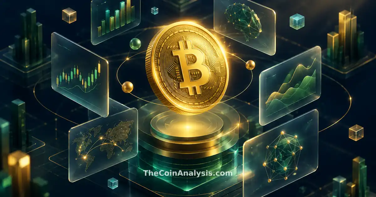 Stylized Bitcoin coin with golden rim light surrounded by frosted-glass panels and holographic AI-inspired shapes.