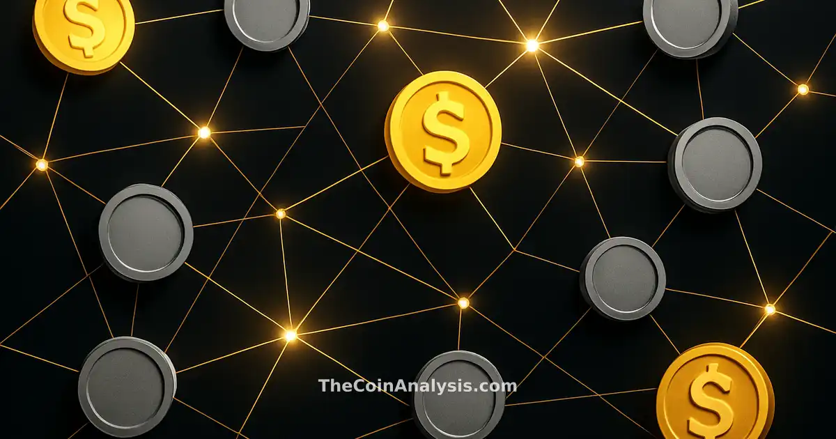 Gold and silver digital coins connected by glowing network lines on a dark background in a bold graphic style