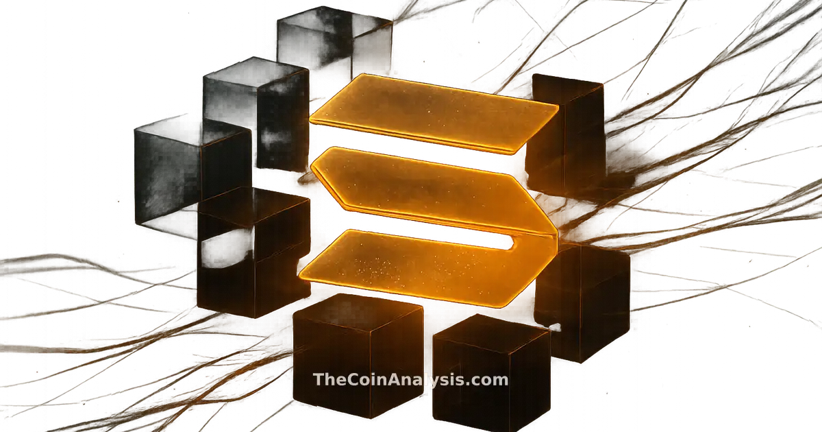 Glowing semi-transparent Solana symbol amid interlocking translucent blocks and amber data ribbons on dark background
