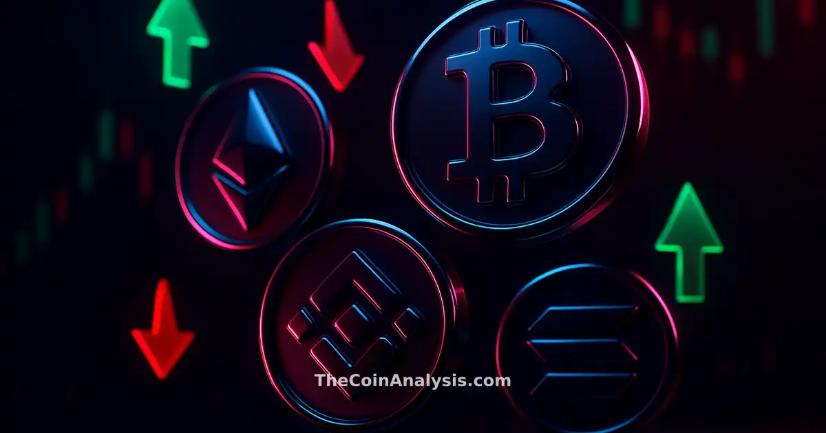 3D glossy crypto tokens with green upward and red downward arrows, glowing candlestick charts in dark blue background