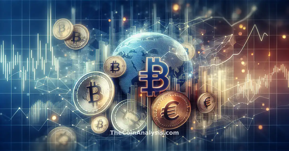 Abstract digital illustration of intertwined crypto coins and Euro symbols over financial graphs and charts.
