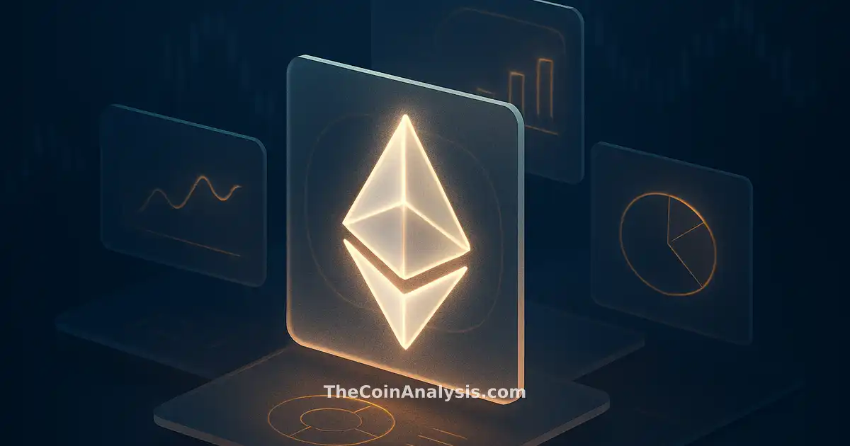 Isometric data visualization with frosted-glass Ethereum symbol and amber holographic panels over dark market charts