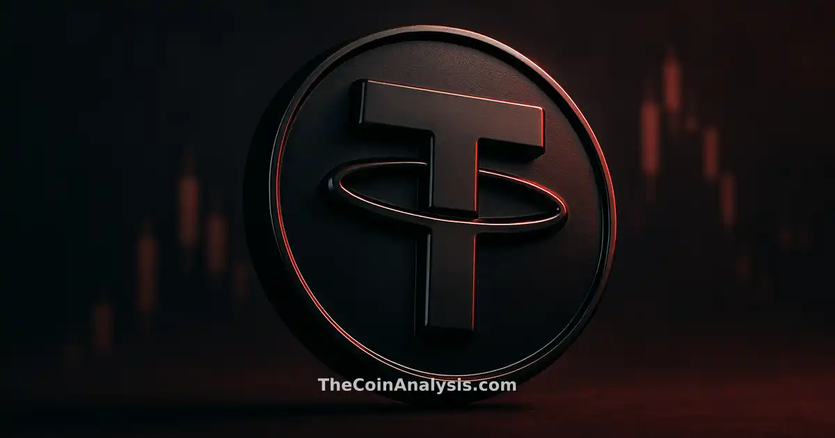 3D glossy Tether token centered with charcoal and crimson tones, low-angle lighting, and blurred market candles background