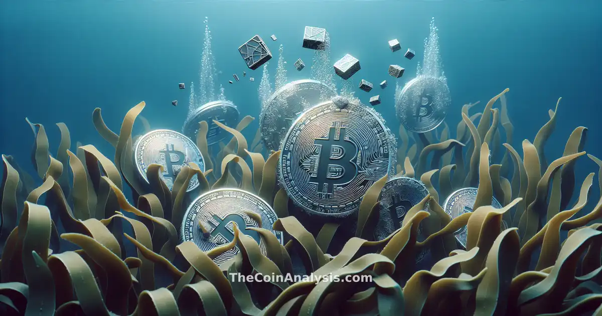 Digital coins sinking underwater entangled in kelp with shattered blockchain icons floating nearby