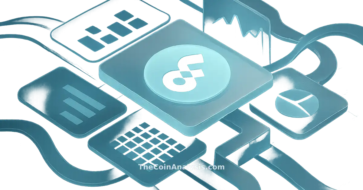 Isometric data visualization with frosted glass panels, holographic accents, and a stylized FLOW symbol center-stage.
