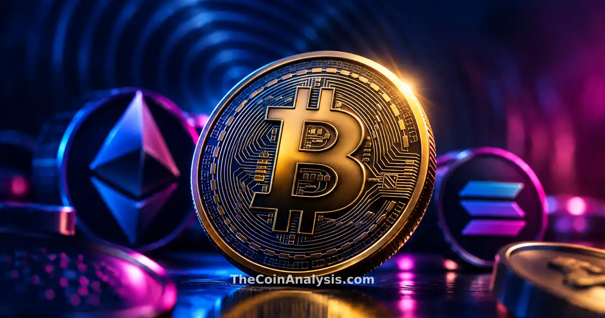 Glossy 3D Bitcoin coin with golden rim light against dark navy backdrop and subtle inflation ripple effect