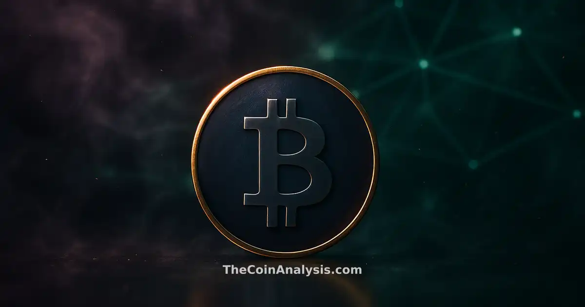 Stylized Bitcoin coin with golden rim light against deep plum and emerald abstract smoke and glowing network filaments