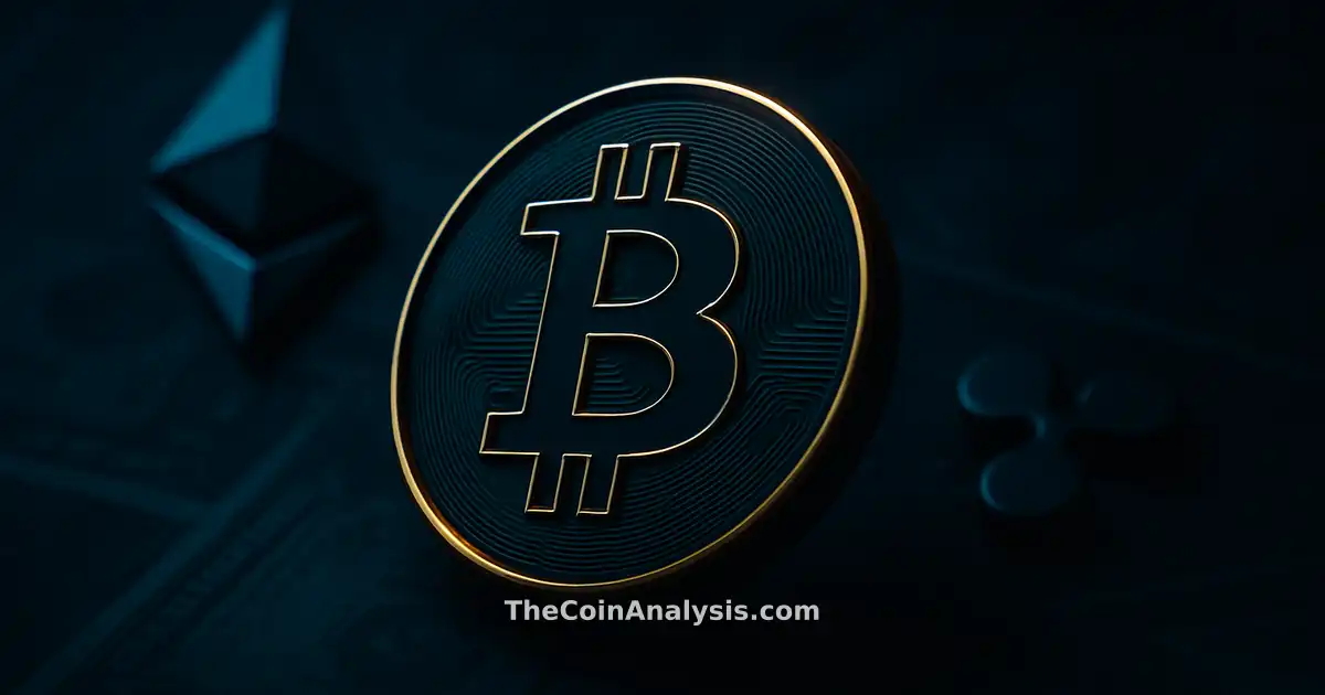 Glossy 3D Bitcoin coin with golden rim light against deep navy backdrop, subtle cash motifs blurred in background