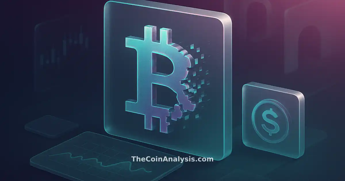 Isometric digital art of a fractured Bitcoin symbol dissolving into shards with floating data panels and market candles.