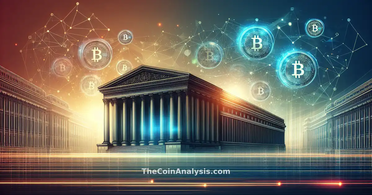 Silhouette of US Capitol with digital coins and blockchain graphics on a blue corporate tech gradient background