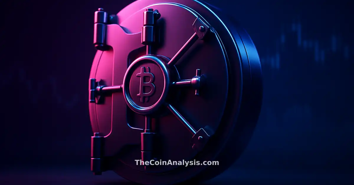 3D stylized glossy vault door with crypto token glyph, illuminated by dramatic midnight blue and magenta lighting