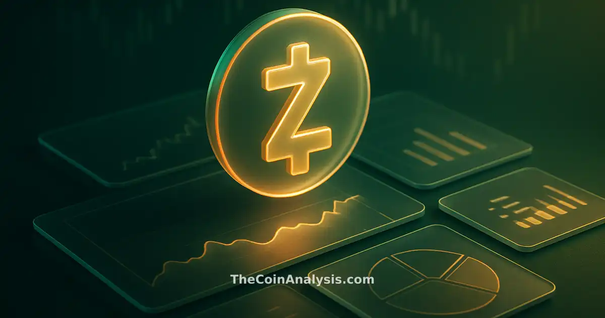 Isometric digital dashboard with glowing Zcash token glyph, holographic gold edges, and fading market candles