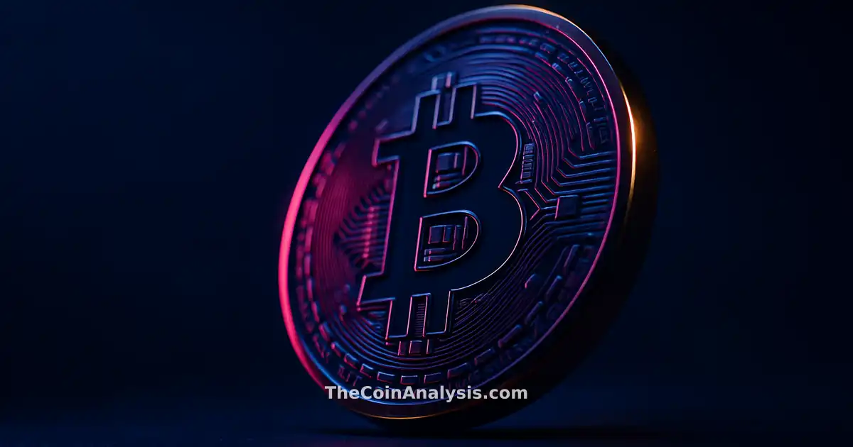 3D glossy Bitcoin coin with golden rim lighting against deep navy background, dramatic low-angle lighting, soft bokeh.