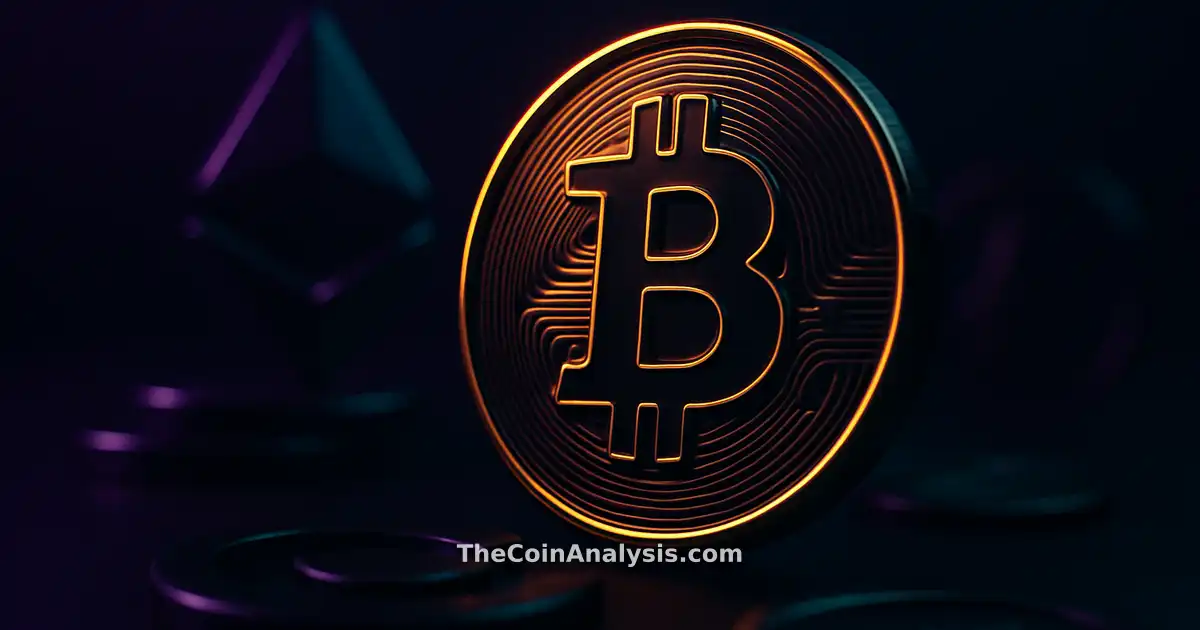 Glossy 3D Bitcoin coin with golden rim light against deep navy backdrop, surrounded by abstract shapes and soft bokeh.