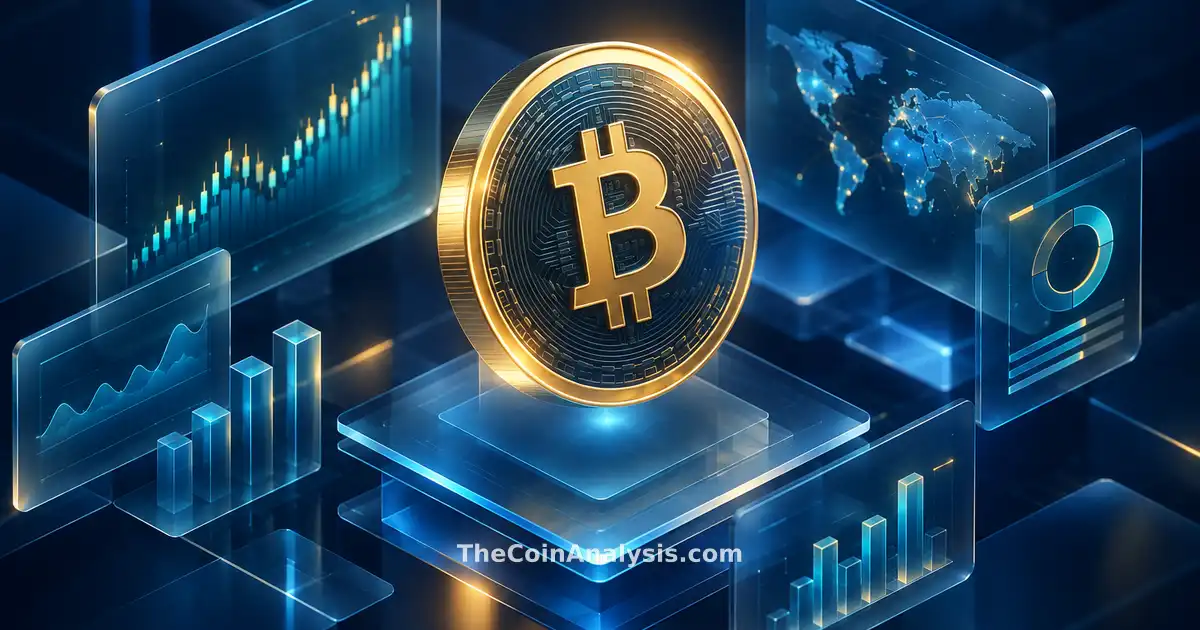 Stylized golden-rimmed Bitcoin coin illuminated by soft golden light with frosted-glass data panels on navy background