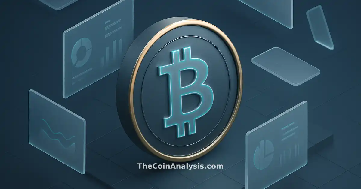 Stylized Bitcoin coin with golden rim and holographic symbol floating among frosted glass panels and isometric blocks