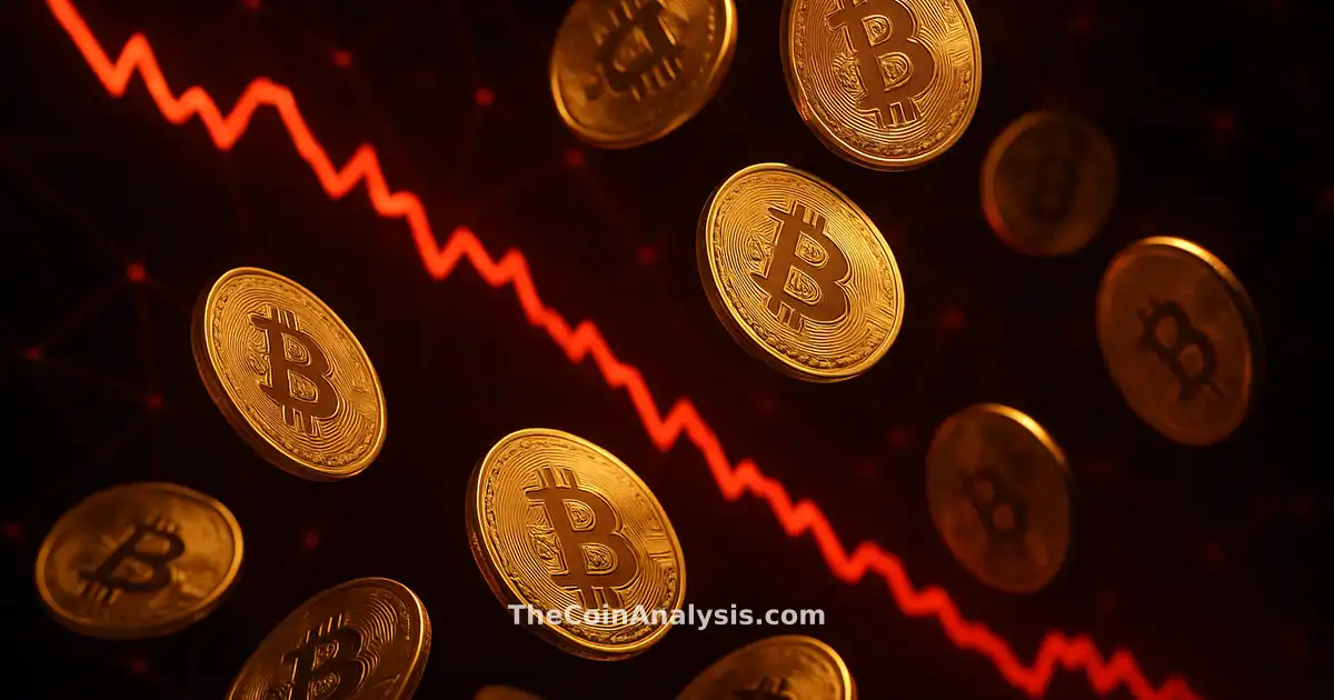 Falling gold Bitcoin coins overlaid with red downward price chart and glowing network connections in dramatic light