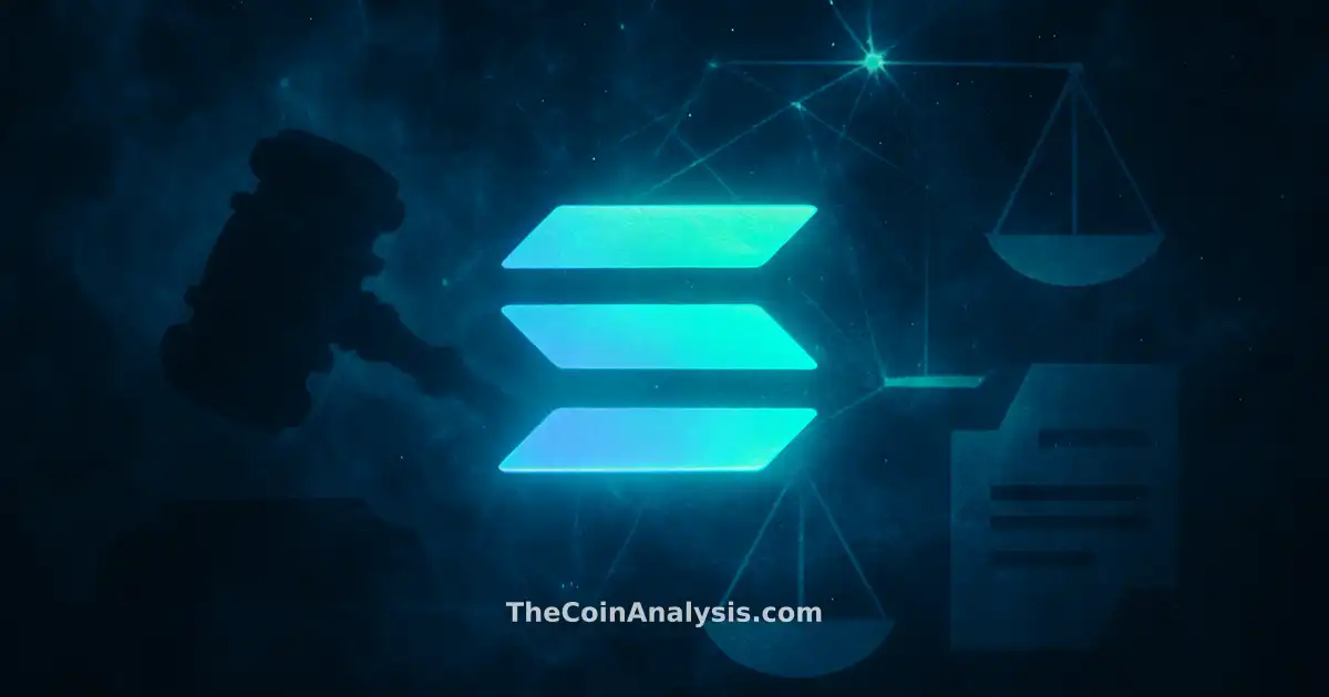 Stylized Solana symbol with abstract gavel, geometric scales, and fragmented documents in moody fintech colors.