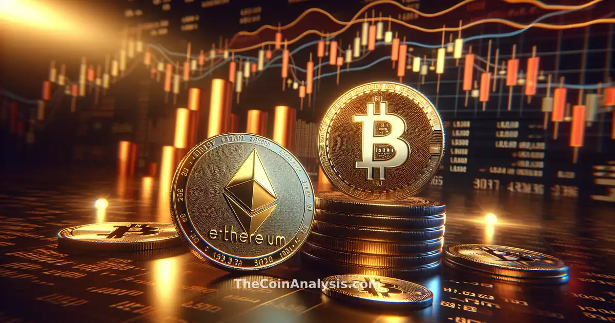 Cinematic 3D glossy Bitcoin and Ethereum coins with candlestick charts and digital waves in a dark, tense setting
