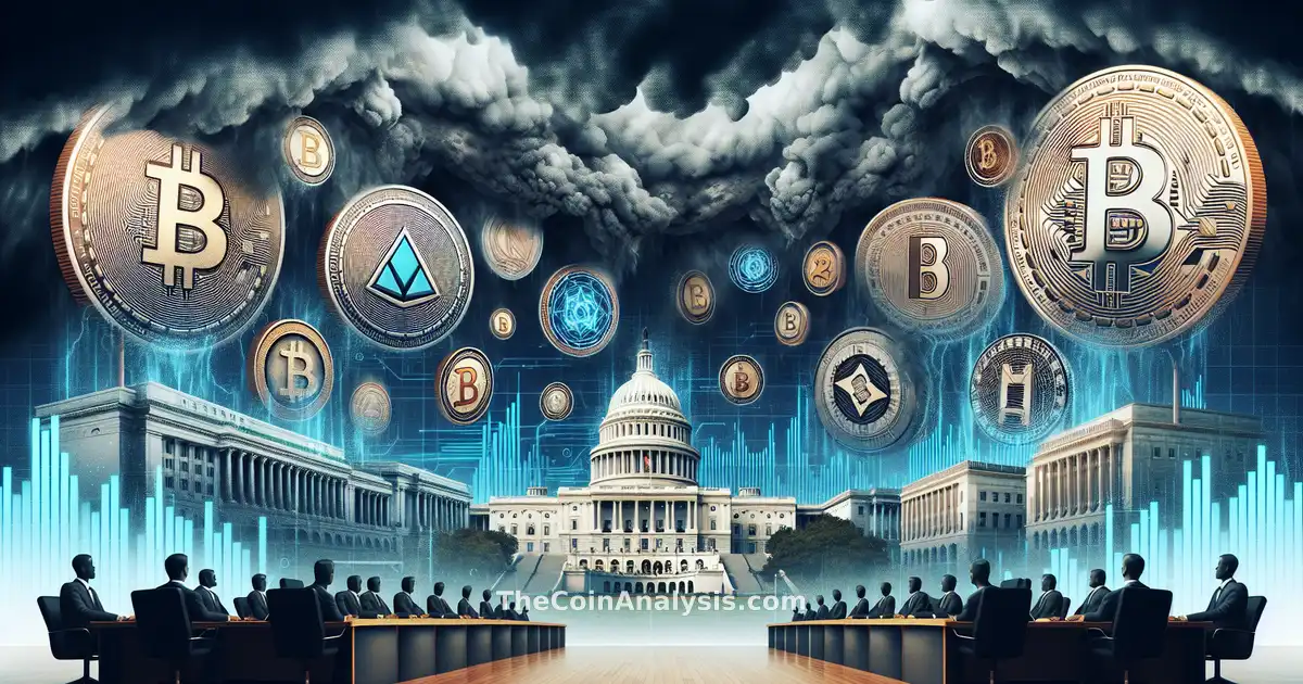 Stormy clouds looming over digital coins and government buildings with lightning, symbolizing crypto regulation challenges